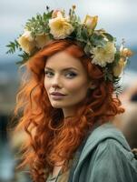 une femme avec rouge cheveux portant une fleur couronne génératif ai photo