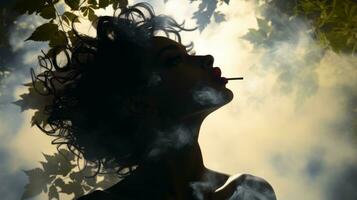 une femme avec fumée à venir en dehors de sa bouche génératif ai photo