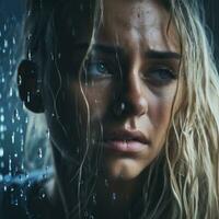 une femme avec humide cheveux et pluie gouttes sur sa visage génératif ai photo