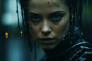 une femme avec humide cheveux dans le pluie génératif ai photo