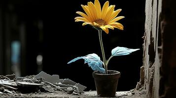 une Jaune fleur dans une pot séance sur Haut de décombres génératif ai photo