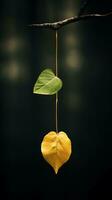 une Jaune feuille pendaison de une branche avec une foncé Contexte génératif ai photo