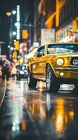 une Jaune mustang est conduite vers le bas le rue à nuit génératif ai photo