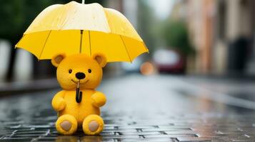 une Jaune nounours ours avec un parapluie génératif ai photo