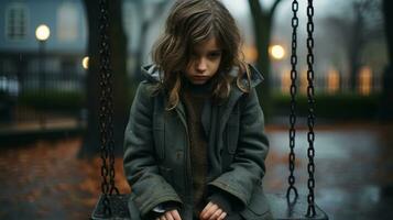 une Jeune fille séance sur une balançoire dans le pluie génératif ai photo