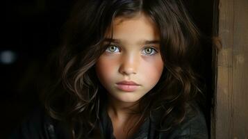 une Jeune fille avec vert yeux à la recherche à le caméra génératif ai photo