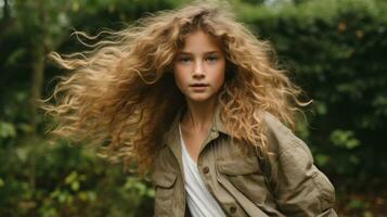 une Jeune fille avec frisé cheveux dans le les bois génératif ai photo