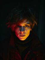 une Jeune homme avec rouge et bleu lumières sur le sien visage génératif ai photo