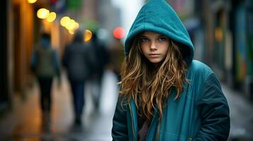 une Jeune femme dans une vert sweat à capuche permanent dans le milieu de une ville rue génératif ai photo