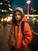 une Jeune femme dans un Orange veste permanent sur une rue à nuit génératif ai photo