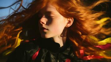une Jeune femme avec rouge cheveux dans le vent génératif ai photo