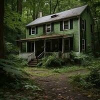 un abandonné maison dans le les bois génératif ai photo