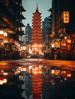 un asiatique pagode est réfléchi dans une flaque dans le milieu de une ville rue génératif ai photo
