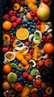un assortiment de des fruits et des légumes arrangé sur une noir surface génératif ai photo