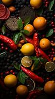 un assortiment de des fruits et des légumes sur une table génératif ai photo