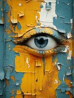 un œil peint sur une mur avec peeling peindre génératif ai photo