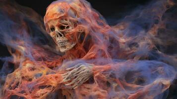 un image de une squelette avec fumée à venir en dehors de ses bouche génératif ai photo