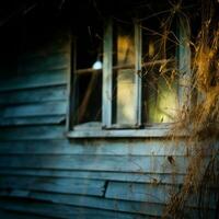 un vieux bleu maison avec une fenêtre et mauvaises herbes croissance dans de face de il génératif ai photo