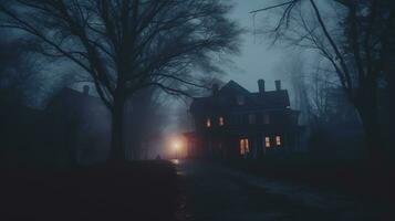 un vieux maison dans le milieu de une brumeux nuit génératif ai photo