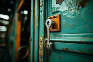 un vieux rouillé porte avec une fermer à clé sur il génératif ai photo