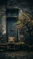 un vieux en bois chaise est assis dans de face de une porte avec un Orange arbre dans le Contexte génératif ai photo