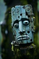 un vieux en bois masque séance sur Haut de une arbre génératif ai photo