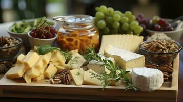 mariage Plateau à fromage charme. une mélange de gourmet sélections pour fête palais. génératif ai photo