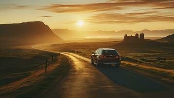 sur le route à crépuscule - silhouette de une voiture sur une route dans une magnifique paysage à le coucher du soleil. génératif ai photo