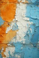 un Orange et bleu peint mur avec peeling peindre génératif ai photo