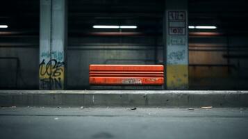 un Orange banc séance dans une parking lot génératif ai photo