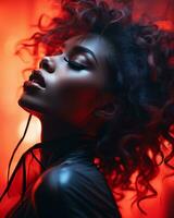 magnifique africain américain femme avec frisé cheveux dans rouge lumière génératif ai photo