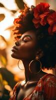 magnifique africain américain femme avec rouge fleurs dans sa cheveux génératif ai photo