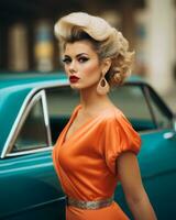 magnifique blond femme dans un Orange robe posant suivant à une classique voiture génératif ai photo