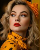 magnifique blond femme avec rouge lèvres et Jaune robe génératif ai photo