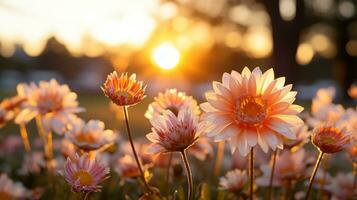 magnifique fleurs à le coucher du soleil avec le Soleil réglage dans le Contexte génératif ai photo