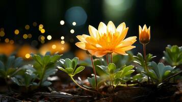 magnifique Orange fleurs dans le forêt avec lumière brillant sur leur génératif ai photo