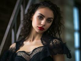 magnifique femme dans noir dentelle robe avec rouge lèvres génératif ai photo