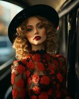magnifique femme dans chapeau et rouge robe séance dans une voiture génératif ai photo