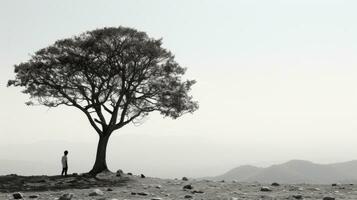 noir et blanc photo de une seul la personne permanent en dessous de une arbre génératif ai