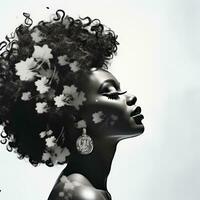 noir et blanc photo de une magnifique femme avec fleurs dans sa cheveux génératif ai