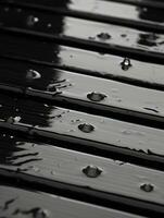 noir et blanc photo de l'eau gouttelettes sur une en bois banc génératif ai