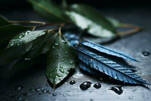 bleu feuilles sur une noir surface avec l'eau gouttelettes génératif ai photo