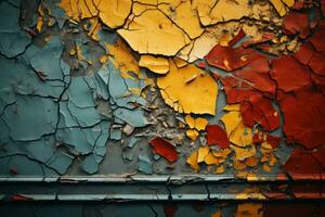 coloré peindre peeling de le mur de un vieux bâtiment génératif ai photo