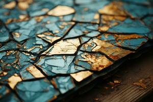 fissuré bleu et or carrelage sur une en bois table génératif ai photo