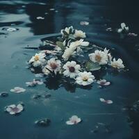 fleurs flottant dans le l'eau sur une foncé surface génératif ai photo