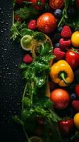 Frais des fruits et des légumes sur une noir Contexte avec l'eau gouttelettes génératif ai photo