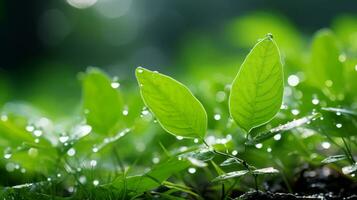 vert feuilles avec l'eau gouttelettes sur leur dans le herbe génératif ai photo