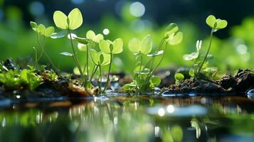 vert les plantes croissance dans l'eau avec lumière du soleil brillant sur leur génératif ai photo