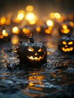 Halloween citrouilles-lanternes dans le l'eau génératif ai photo