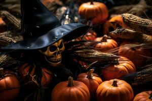 Halloween citrouilles blé et une sorcières chapeau génératif ai photo